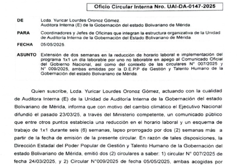 Imagen referencial a la Circular interna para la extensión del horario laboral producto de la emergencia climatica